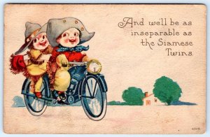 1920 MOTORCYCLE AS INSEPARABLE AS SIAMESE TWINS COWBOY COWGIRL BERGMAN POSTCARD