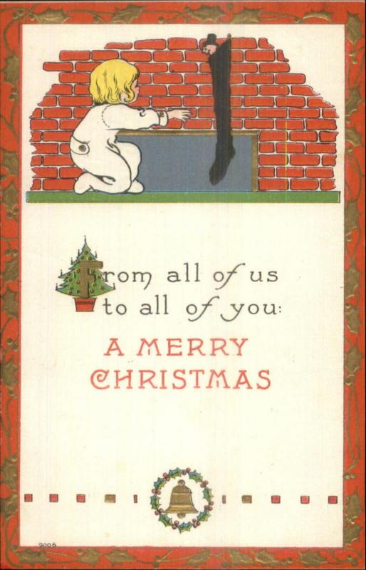 Christmas - Boy Reaches For His Full Stocking Bergman #9006 Postcard