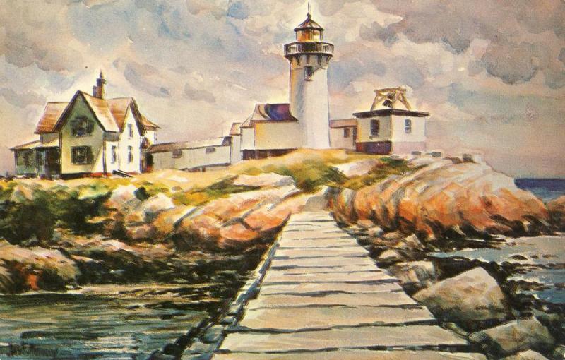 Beautiful Maine/ME Postcard, Watercolor by James Murray, Lighthouse/Light