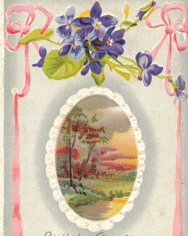 Circa 1912 Embossed Pink Ribbon Floral Birthday Greetings Postcard 10c1-389 