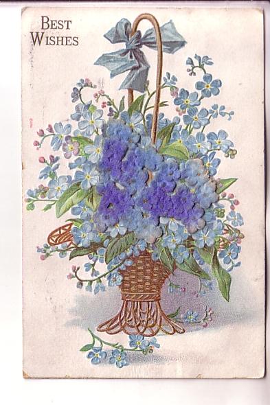 Best Wishes, Felt Applique Blue Flowers Basket, Used 1908 Flag Cancel