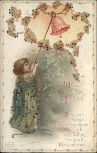 Clapsaddle Easter Little Girl Ringing Flower Bell Int'l Art Glitter c1910 PC