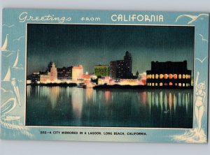 c1940 Greetings From California CA City Mirrored In Lagoon Long Beach Linen