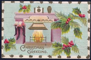 Christmas Greeting Fireplace Holly used c1910's