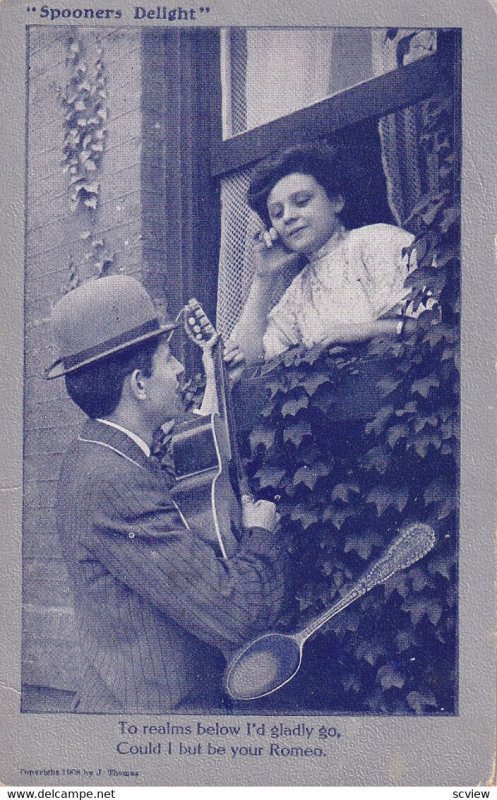 Spooners Delight, Man serenading with guitar a woman at window, Poem, 1900-10s