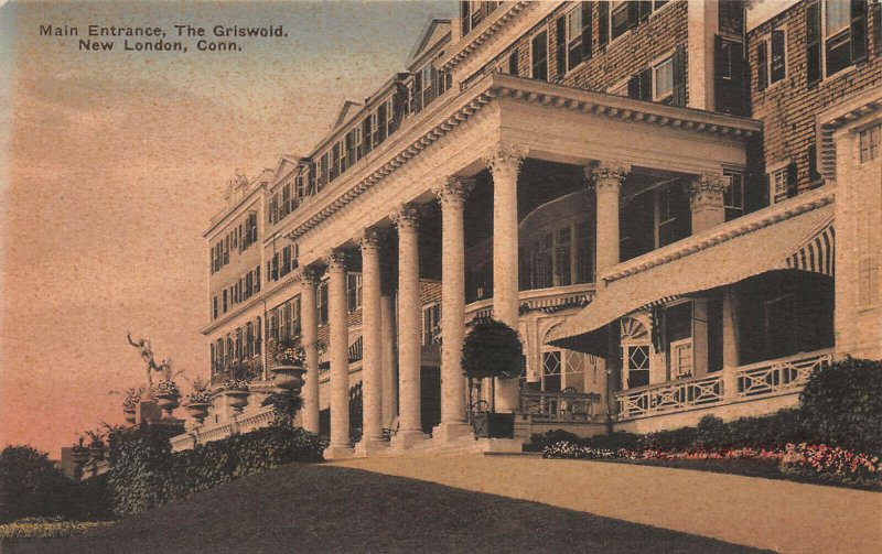 Main Entrance, The Griswold, New London, CT, Early Hand Colored Postcard, Unused