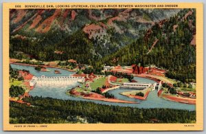 Bonneville Dam Columbia River Washington and Oregon 1940s Postcard