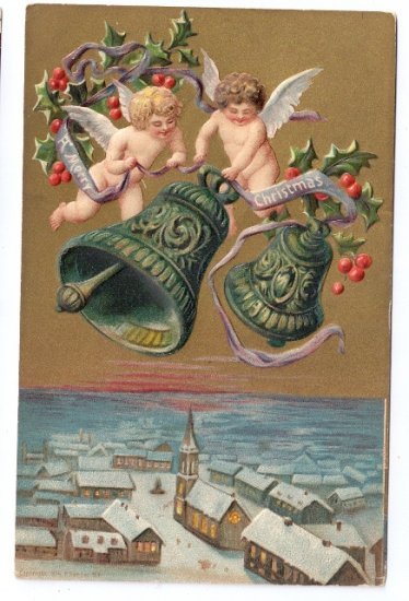 Christmas Eve Cherubs Bells Snowy Town Embossed P Sander Vnrg Gold UND Postcard