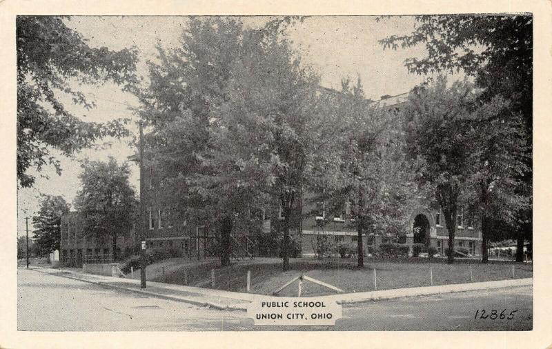 Union City Ohio~Public School on Corner~Building Behind~1940s B&W Postcard 