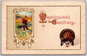 Vtg Thanksgiving Greetings Farmer Working Field Turkey 1910s Old Postcard