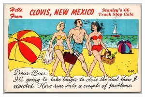 Postcard NM Clovis New Mexico Stanley's 66 Truck Stop Cafe Comic Beach K30