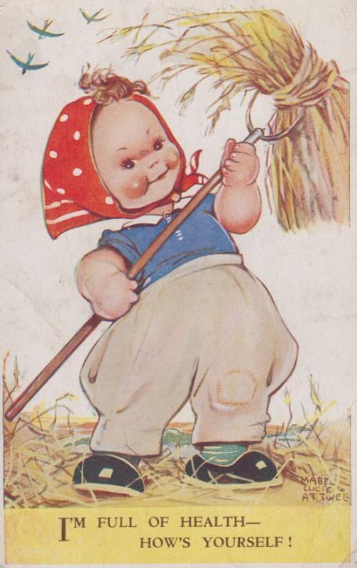 Farm Lady Farming Fork Of Healthy Straw Hay Mabel Lucie Attwell Comic Postcard