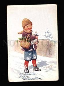 020230 Smiling Boy & White KITTY. Sign FEIERTAG. Vintage PC