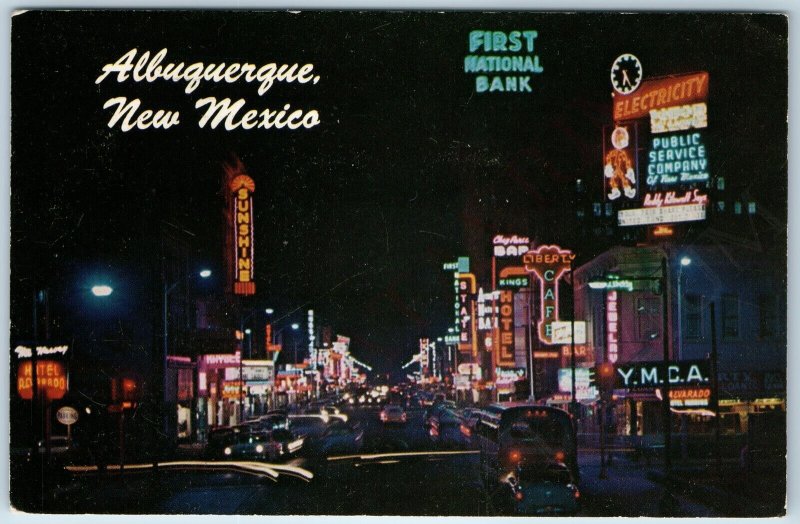 1960 Albuquerque, NM Night Central Ave Santa Fe Railway Neon Reddy Kilowatt A216