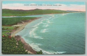 Oregon~Pacific Breakers Along Coast~1940s Linen Postcard