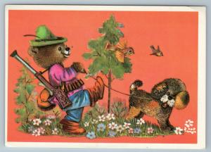 TEDDY BEAR Hunter with DOG in Forest by MANILOVA Russian Unposted postcard