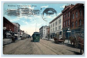 1916 Broadway Looking East Trolley Horse Wagon Depot Mattoon IL Antique Postcard 