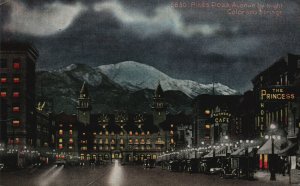 Vintage Postcard Historic Pike's Peak Avenue By Night Colorado Springs Colorado