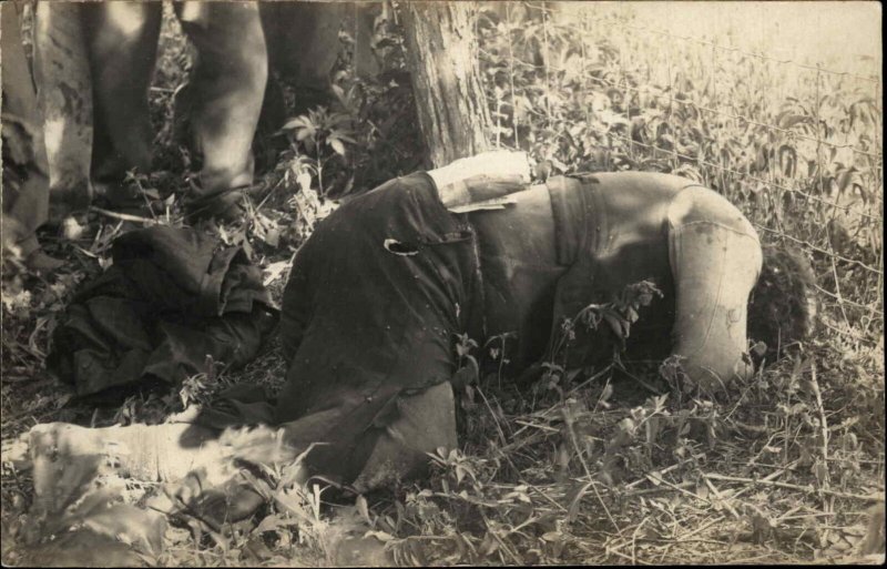 Escaped Prisoner?  Man on Ground Dead? McCabre? c1910 Unusual Bizarre RPPC 