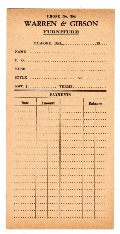 MILFORD DELAWARE DE WARREN & GIBSON FURNITURE EARLY 1900'S PAYMENT CARD