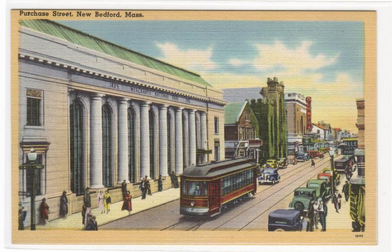 Purchase Street Streetcar New Bedford Massachusetts linen postcard