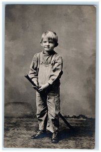 1909 Little Boy Stick Horse Toy Studio Portrait RPPC Photo Antique Postcard