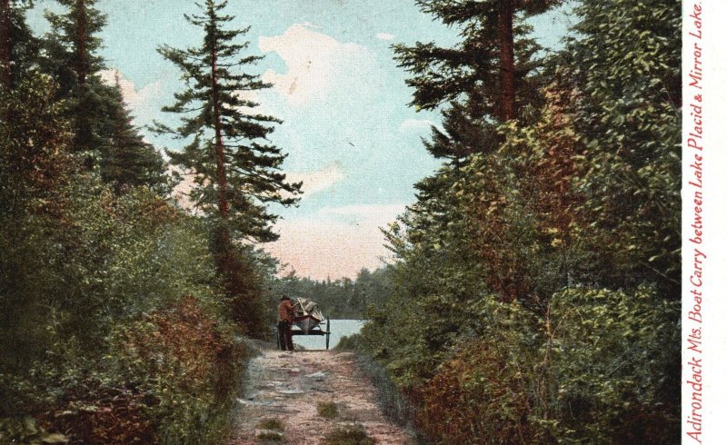 Vintage Postcard Boat Carry Bet. Lake Placid & Mirror Lake Adirondack Mts. NY