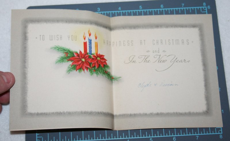 VINTAGE 1940s WWII ERA Christmas Greeting Card Art Deco Poinsettia & Candles