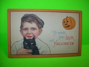 Halloween Postcard Boy Holding Black Cat 1291 C Stecher Original Antique  #4