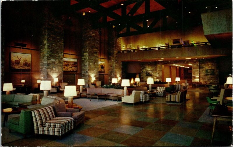 Main Lounge Jackson Lake Lodge Wyoming WY Postcard PM Cancel WOB Note VTG 