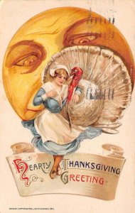 Thanksgiving Greetings Lady with Turkey and Moon Face Winsch Postcard AA70087