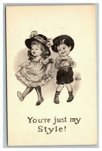 Vintage 1910's Postcard Boy Lovingly Looks at Cute Girl - You're Just My Style