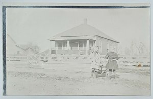 RPPC Children Antique Wagon in Front of Hipped Roof Home Postcard U3