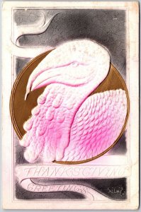 Thanksgiving, Greetings Embossed Pink Turkey, Holiday, Vintage Postcard, 1910