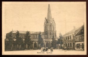 h1116- SWEDEN Halmstad Postcard 1910s Church. Stores