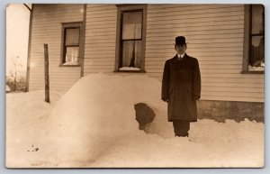 Gentleman in Suit Tie & Brown Derby Hat Outside~Kids Snow Fort~House~c1910 RPPC