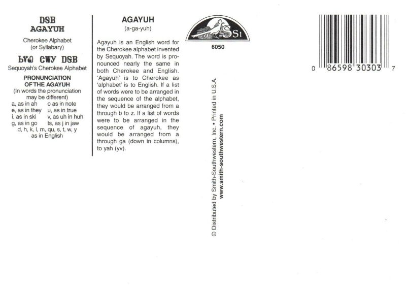 SEQUOYAH'S CHEROKEE ALPHABET WITH EXPLANATION ON REAR CONTINENTAL SIZE POSTCARD