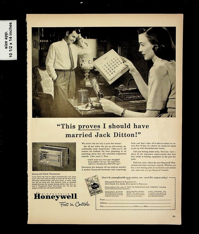 1951 Jack Ditton Marriage Honeywell Clock Thermostat Vintage Print Ad 015705