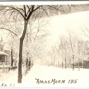 1915 Beautiful Snowy Street View RPPC Christmas Morning Real Photo Postcard A111