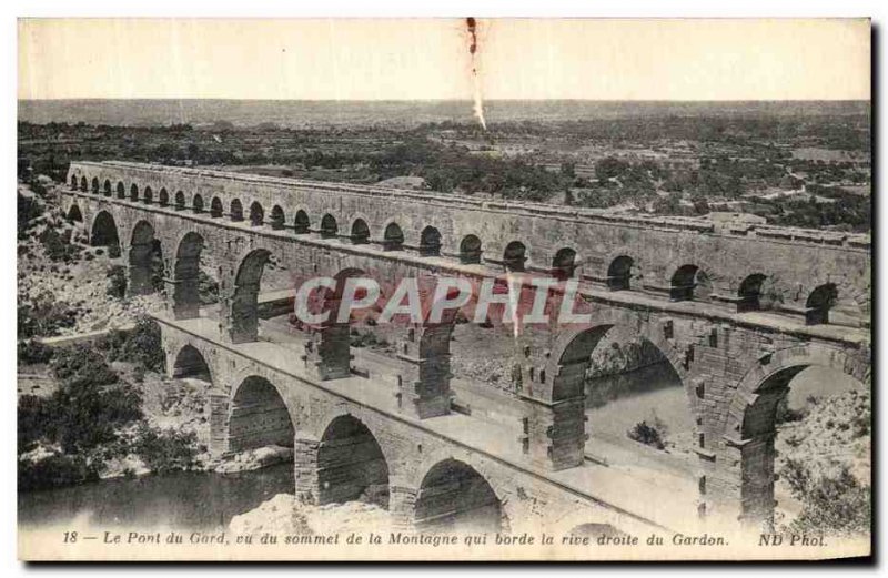 Old Postcard The Pont du Gard seen from the mountain peak that borders the ri...
