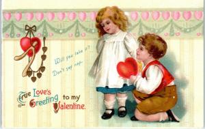 Embossed VALENTINE Greeting  CUTE BOY & GIRL   Hearts    c1910s   Postcard 