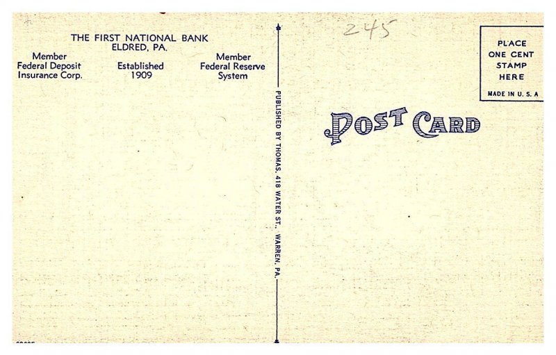 Pennsylvania  Eldred , First National Bank, Lobby and Vault