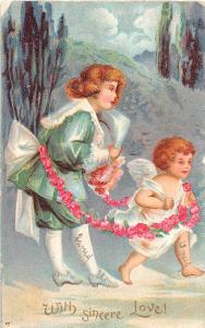 E36/ Valentine's Day Love Holiday Postcard c1910 Cupid Child Flowers 34