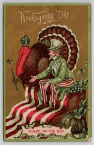 Thanksgiving Day Uncle Sam And The Ruler Of The Day Turkey In Crown Postcard S26