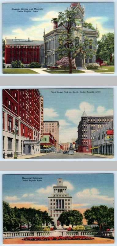 3 Postcards CEDAR RAPIDS, Iowa IA ~ Coliseum THIRD STREET Masonic Library 1940s