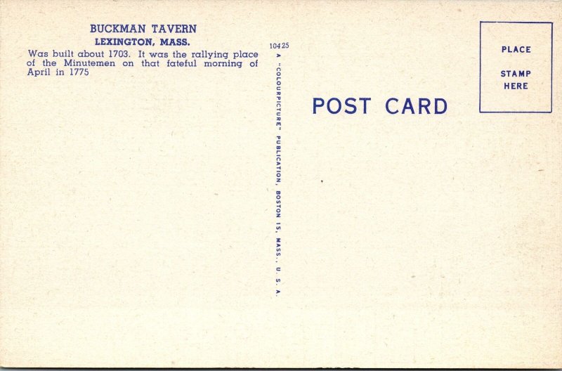 Lexington MA-Massachusetts, Historic 1703 Buckman Tavern, Linen Postcard 