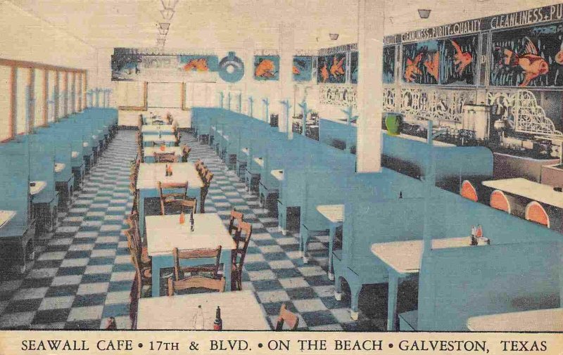 Seawall Cafe Interior 17th & Boulevard Galveston Beach Texas linen postcard