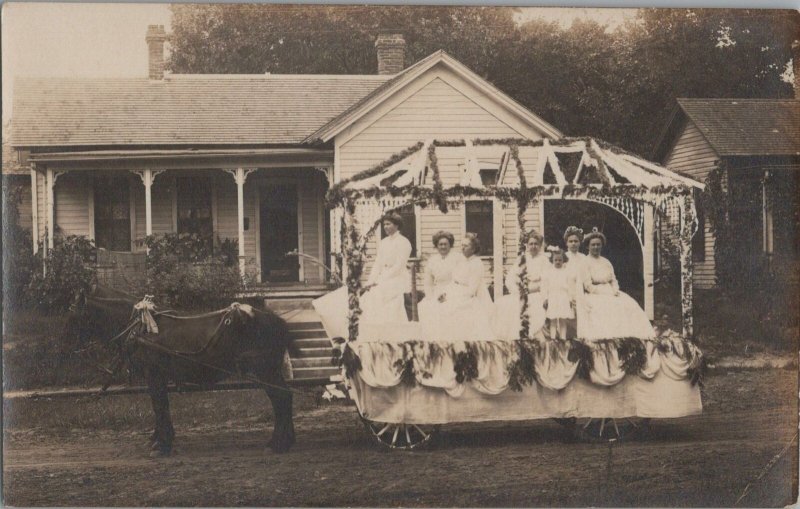 Americana RPPC Postcard Women's Club Ladies on Parade Float With Horse