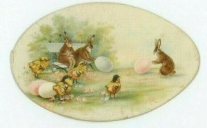 1880s-90s Die-Cut Easter Egg Poem Rabbits Chicks #1 Fab! P216