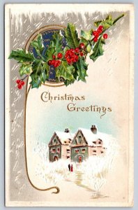 Christmas Greetings Meeker Postcard, Holly, Rural Scene, 1913 Unionville Ont DPO